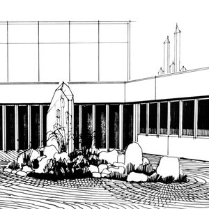 Entwurfszeichnung Atelier Mary Bauermeister für die Bundesfernmeldestelle Bonn, 1981 - 1986. "KRISTALL-BAUM und Prismensplitterlandschaft“